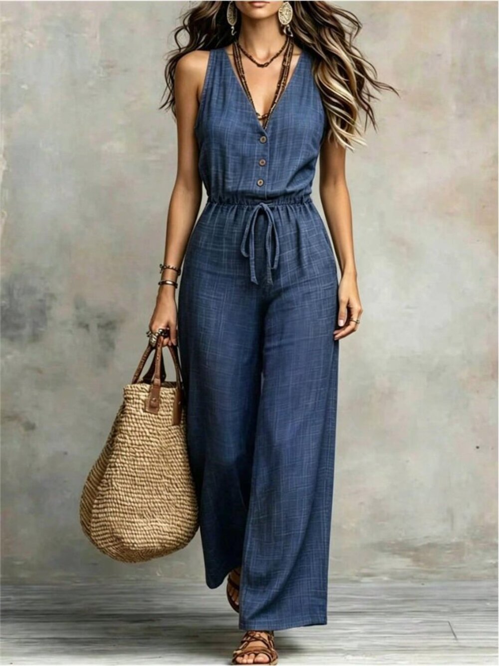 Casual Blue V-Neck Sleeveless Wide Leg Jumpsuit, Featuring Front Button + Waist
